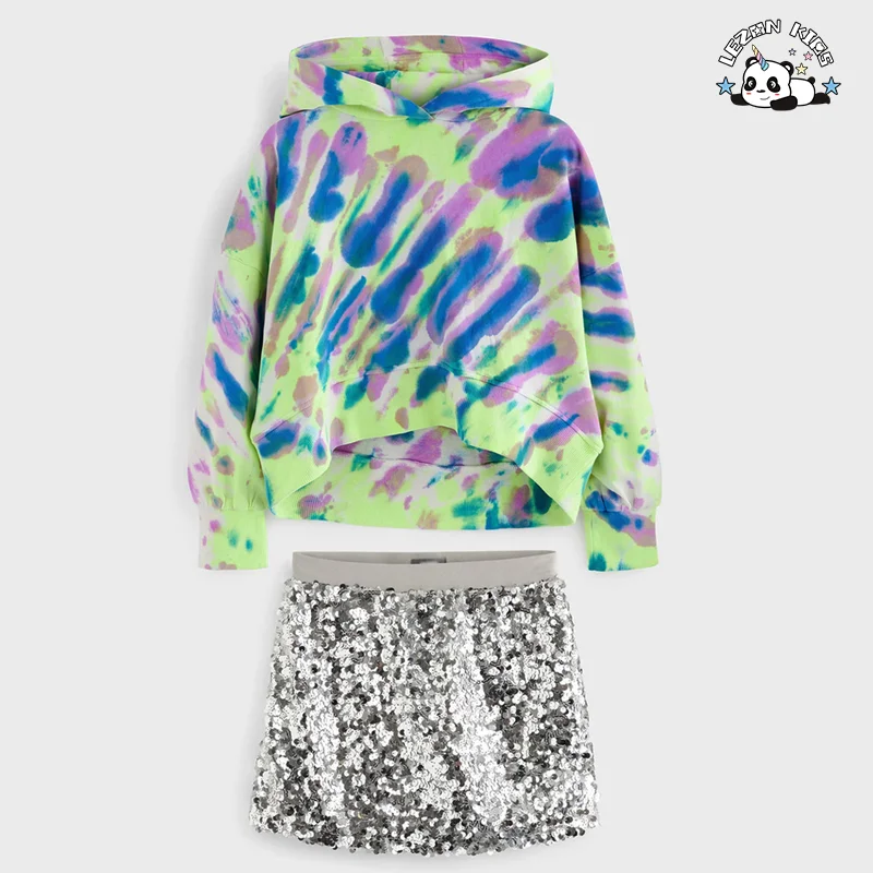 LEZONKIDS - Popular Stylish Customization Tie Dye Hoodies Sequin Skirt Girls Set Girls Clothing Sets